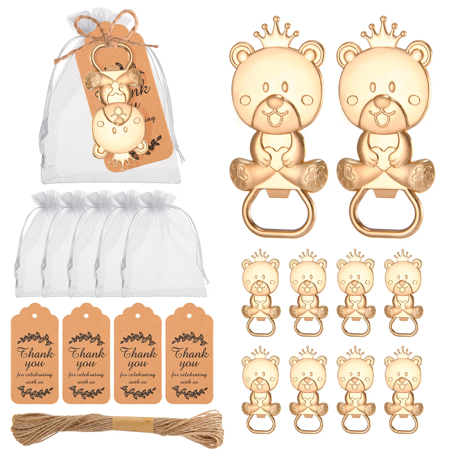 20Pcs Gold Baby souvenirs of Baby Bear Crown bottle opener for Teddy baby birthday gift and DIY baby shower favors