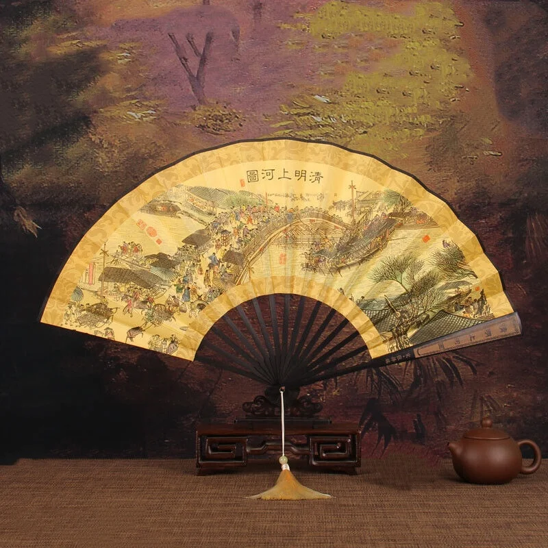 

Retro Style Big Folding Fan with Fan Tassel Portable Daily Decorative Hand Fan