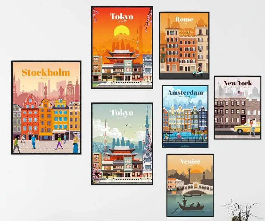 

More style New York Netherlands Amsterdam London Vintage Travel Cities Landscape Print Silk Poster Home Wall Decor 24x36inch