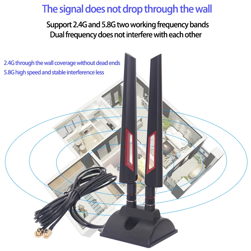 WiFi Router Network Card Antenna Amplifier 10dBi 2.4G 5.8G Dual Band Omni Signal Booster with Magnetic Base 2M Extension Cable