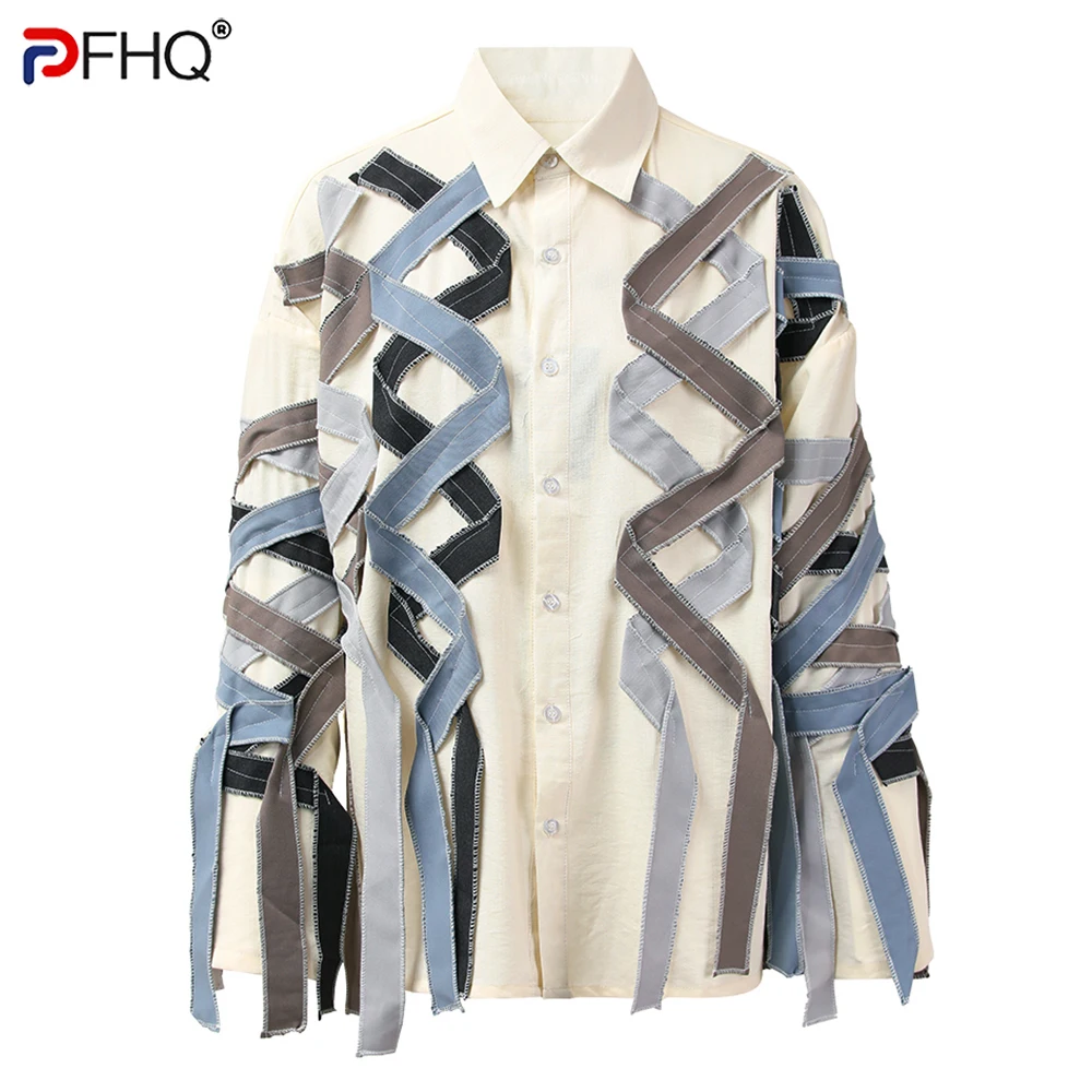 PFHQ Male Splicing Block Long Sleeve Stripes Shirts Trendy Loose Youth Popular Thin Single Breasted Handsome Tops Autumn 21Z2791