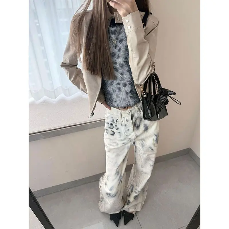 American Vintage Washed Distressed Cropped Jeans Hot Girl Women Casual Streetwear Y2k Retro Denim Capris Leopard Print Bodycon