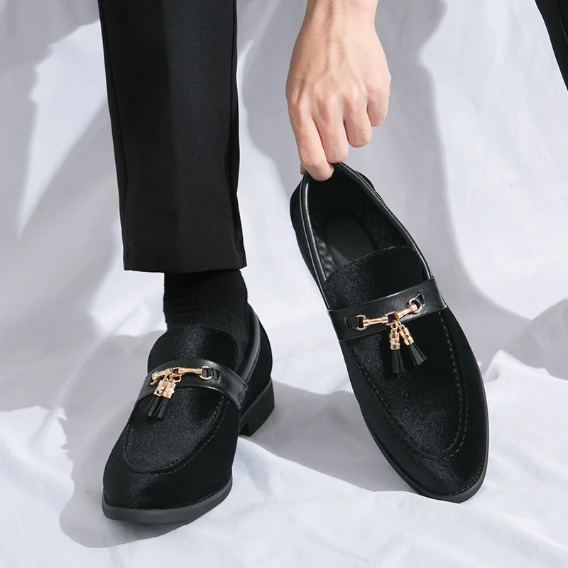 Party Shoes Luxury Suede Tassel Men\'s Business Shoes Summer Loafers Male Leather Moccasin Evening Shoes Slip-On Pea Shoes Social