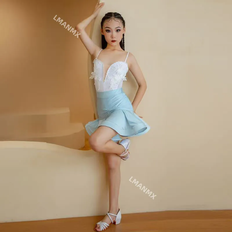 New Children's Latin Dance Dress 2025 Girls' Summer Practice Dress Strap Lace Advanced Performance Dress