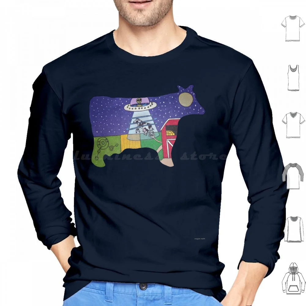 When Cows Fly Hoodies Long Sleeve Cow Farm Saucer Flying Saucer Barn Crop Circle