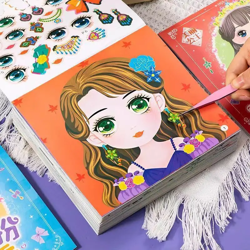 Princess Dress Up Sticker Book Toy, Girl and Child Puzzle, Beautiful 3-6-year-old Girl Makeup Book Sticker Makeup