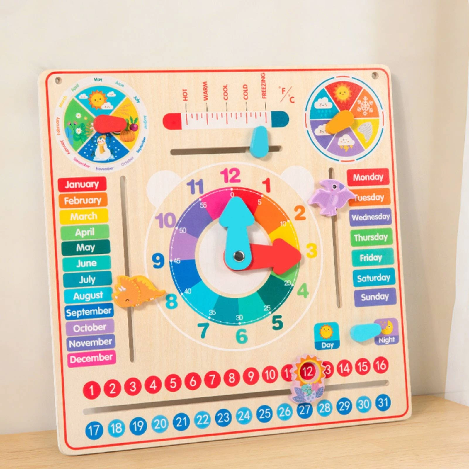 Educational Calendar Clock Board Multicolor Wooden Calendar Clock Board Educational Fine Motor Skills for Children