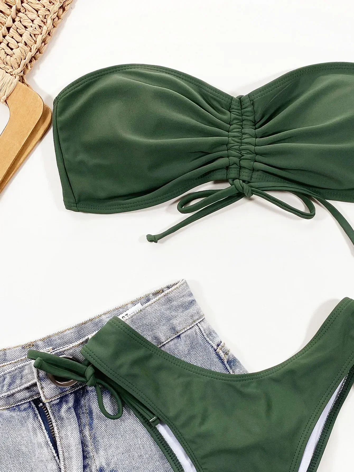 2024 Sexy Bikini Bandeau Frauen Bademode Badeanzug Armee Grün Raffen Strand Bikini Set Badeanzug Weibliche Maillot De Bain Femme