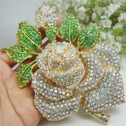 Crystal Brooch Fashion Rose Flower Bud Leaf Clear ABA Crystal Woman's Brooch Pin
