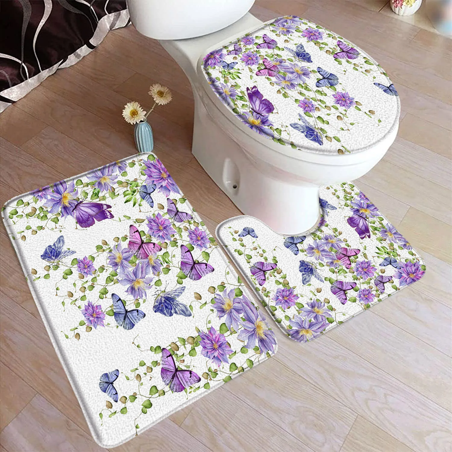 Floral Blue Butterfly Bath Mat Set Purple Flowers Butterflies Plant Flannel Home Bathroom Decor Non Slip Rugs Toilet Lid Cover