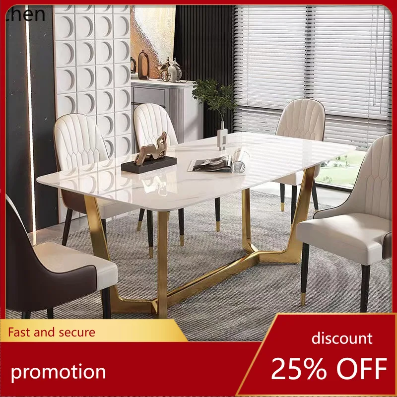 YFY Light Luxury Glossy Rock Plate Dining Table Modern  Household High-grade  Steel Titanium Gold Rectangular Eating Table