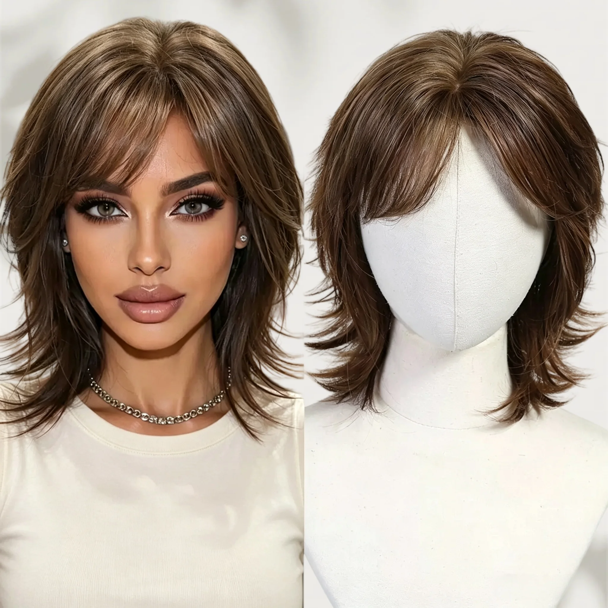 Women's short brown gradient synthetic wig with layered natural bangs, fashionable everyday cosplay wig