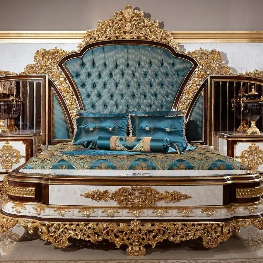 Turkish Luxury king Size Double Tufted Bedroom Sets Bed Furniture Royal Carved Solid Wooden Headboard Frame Velvet Fabric Bed