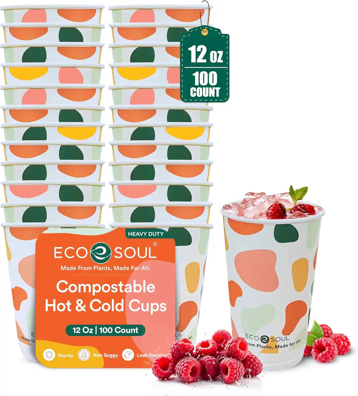 

12 oz 100 Disposable Paper Cups,Hot/Cold Beverage Paper Drinking Cups, Leakproof Printed Cups for Cafe, Office, Party