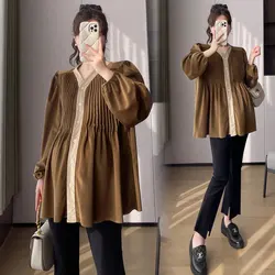 Retro Pleated Corduroy Maternity Blouses 2024 Spring Fashion V neck A Line Loose Shirts Clothes for Pregnant Women Pregnancy Top