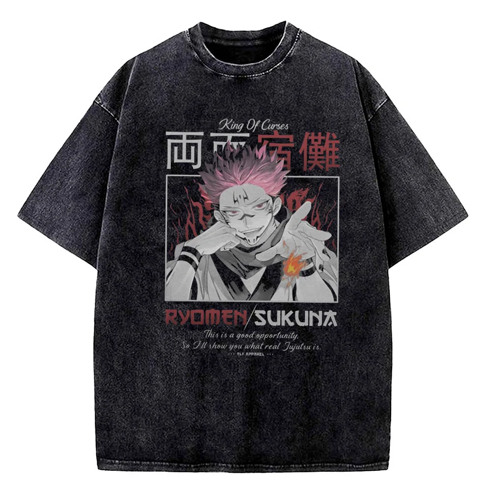 Jujutsu Kaisen Vintage Washed cotton tshirt men anime Grunge Punk Pop Culture Trendy t-shirt Vintage 80s kawaii University 2000s