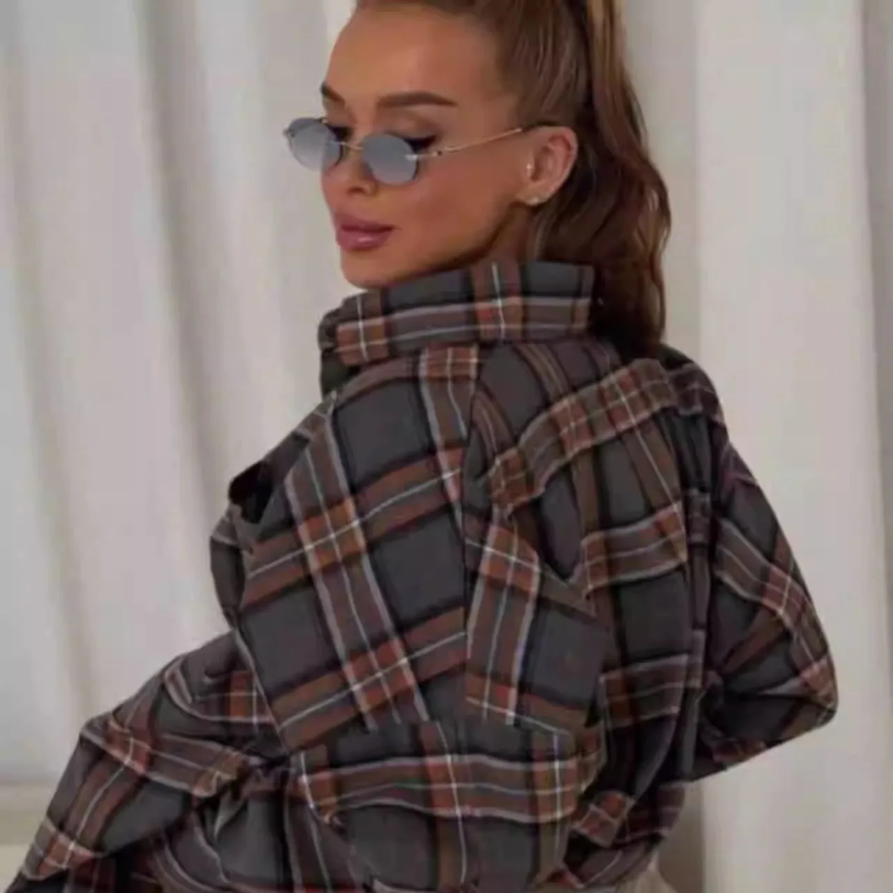 여성용 루즈 롱 스웨터 체크무늬 가을 스트리트 패션 폴리에스터 면 혼방 버튼 클로저 변형 방지...