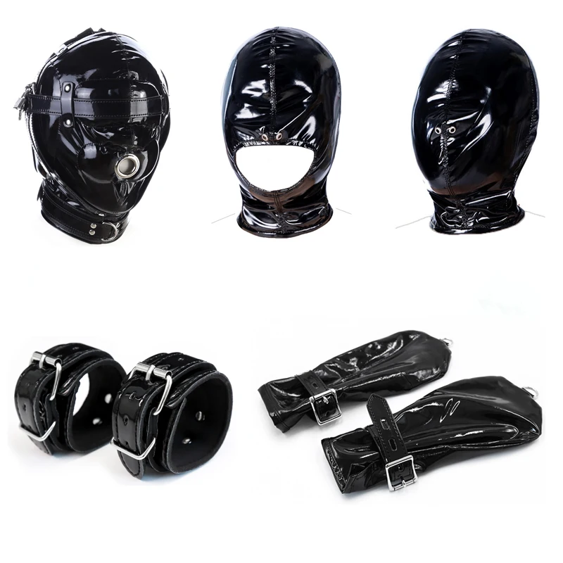 Sexy Black Wetlook Sex Bondage Mask Hood with Lockable Plush Erotic Gloves Handcuffs for Couples Fetish Slave BDSM Adult Games