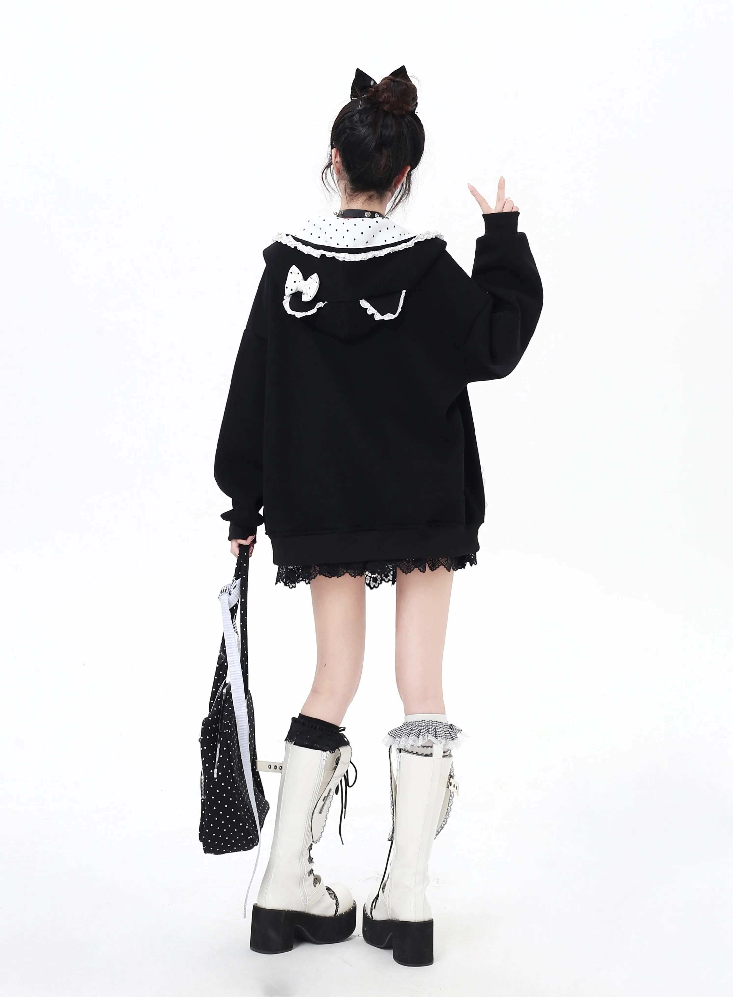 Cartoon Cat Embroidered Lace Patchwork Pocket Sweet Cute Bow Hooded Loose Casual Fleeced Sweatshirt Jacket for Women Autumn