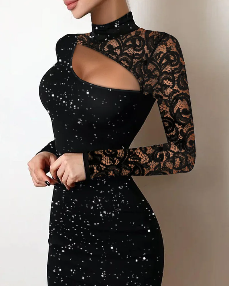 

Evening Dresses for Women 2025 New Elegant Sexy Party Wedding Guest Glitter Contrast Lace Cutout Long Sleeve Bodycon Mini Dress