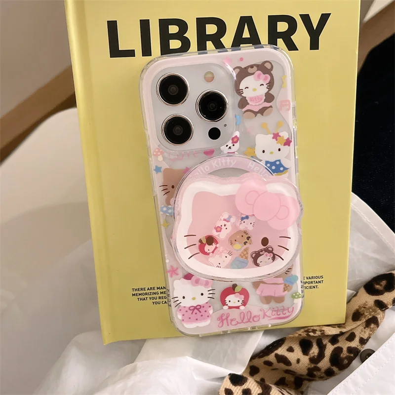 Cute Ice Cream Hello Kitty Magsafe Wireless Charge Phone Case For iPhone 13 12 14 15 16Pro Max Kitty Shake Magnetic Holder Cover