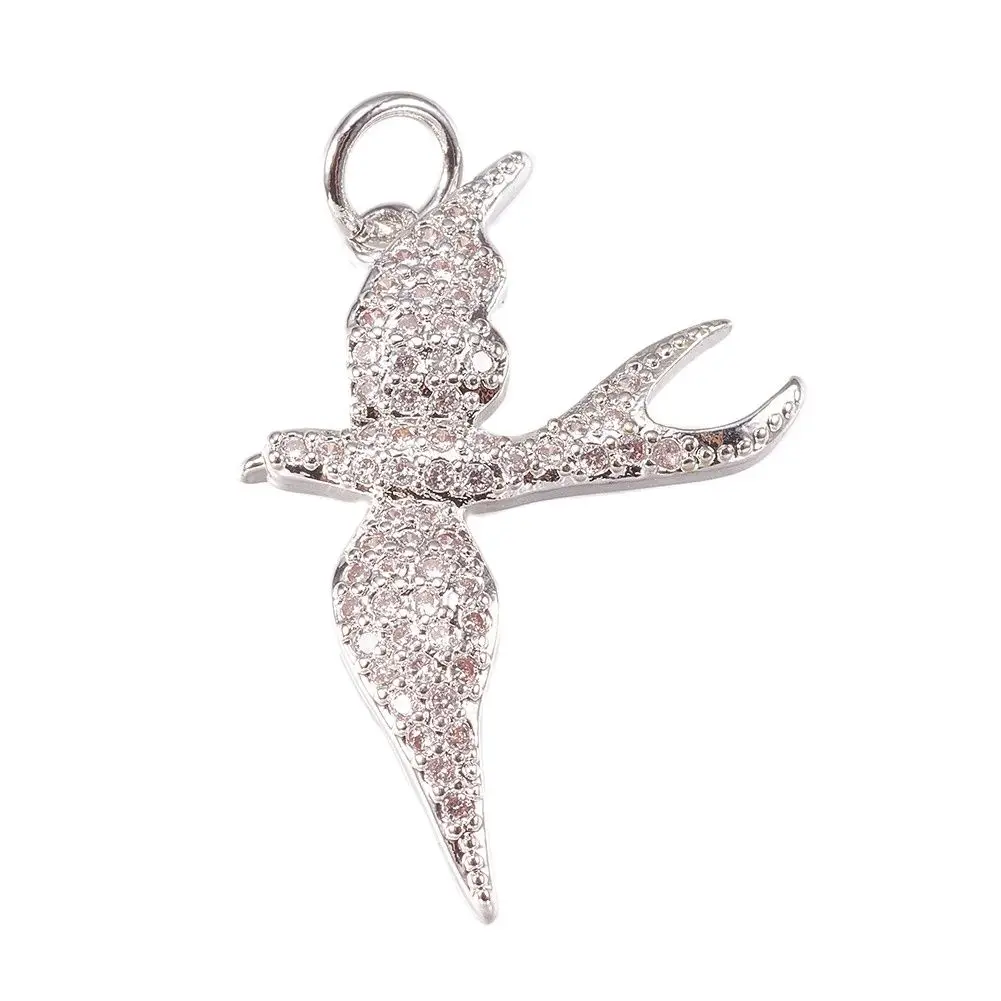 Pandahall 1Pc Platinum Color Swallow Brass Micro Pave CZ Cubic Zirconia Bird Pendants With Jump Ring For Necklace Jewelry Making