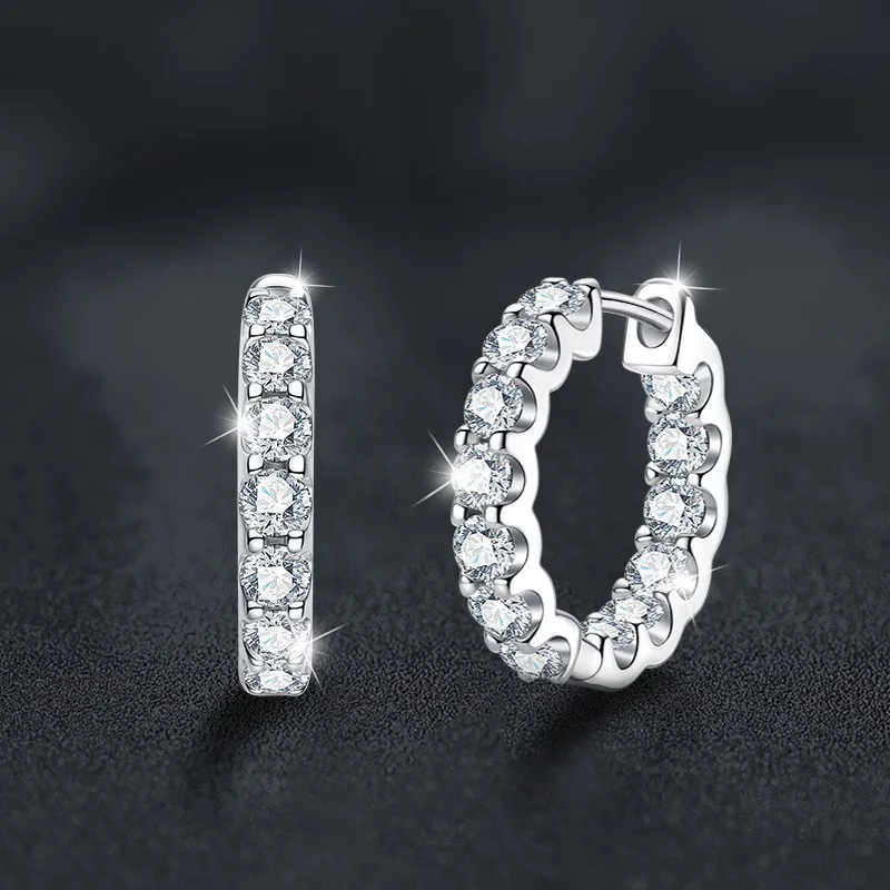 S925 Silver Platinum-Plated 2.6CT D Color Full Pave Bullion Setting Moissanite Women's Hoop Earrings Fine Jewelry