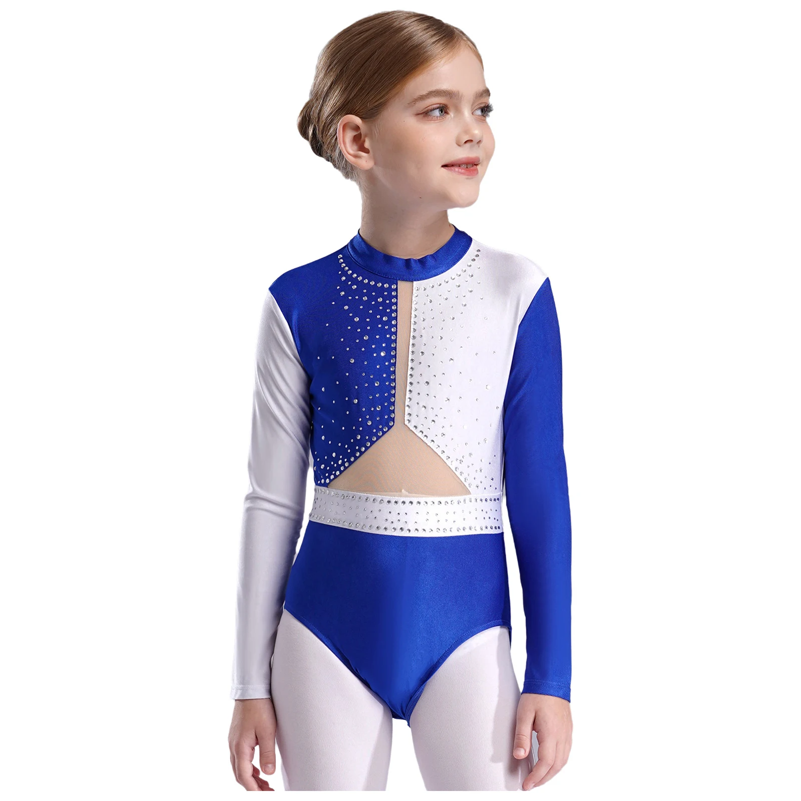 Girls Shiny Dimonds Gymnastics Leotard Long Sleeve Cutout Back Ballet Dance Unitard Ice Skating Bodysuits Lyrical Dancewear