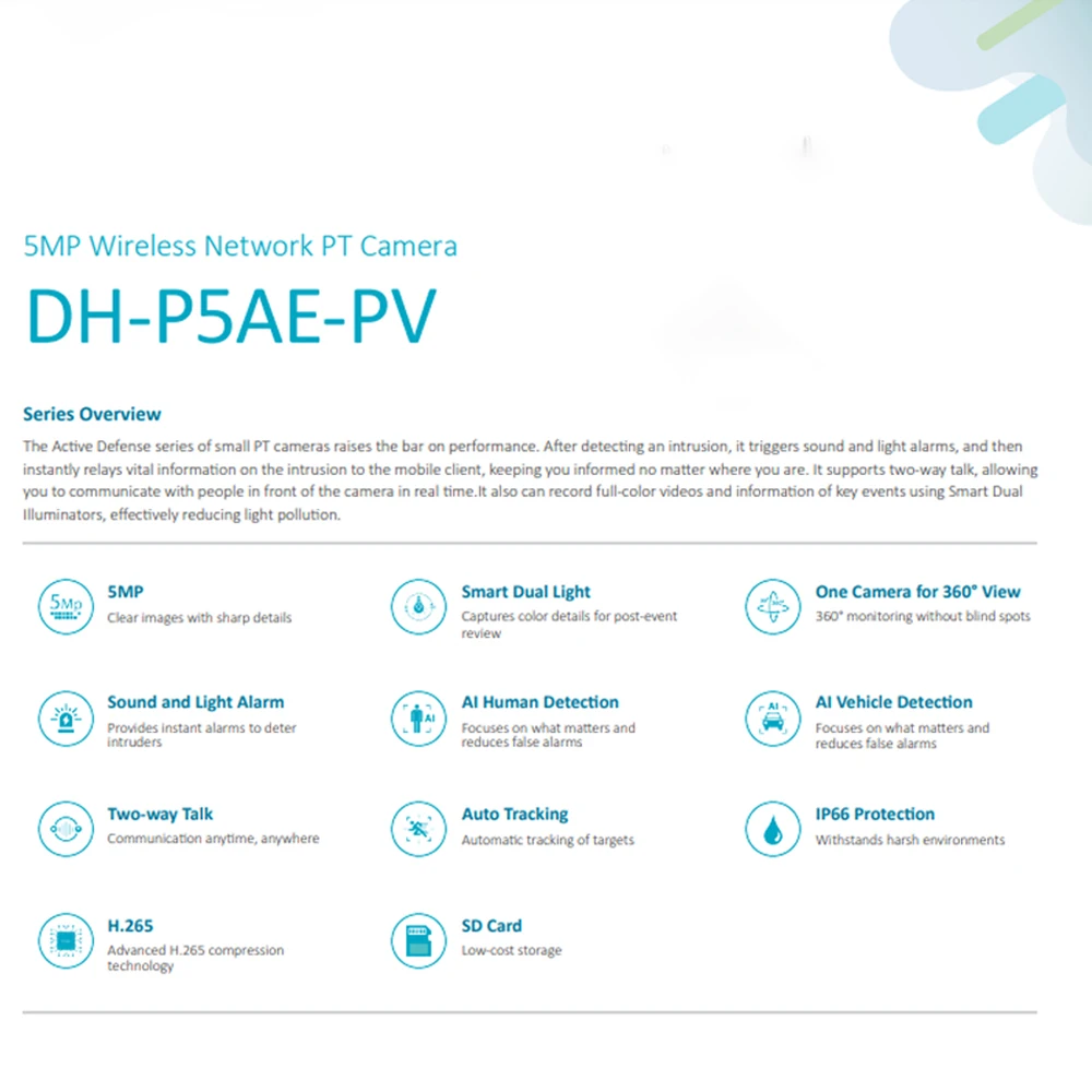 داهوا كاميرا IP 5MP شبكة لاسلكية كاميرا PT P5AE-PV الذكية المزدوجة Iight النشطة الدفاع اتجاهين الحديث SD فتحة للبطاقات كاميرا خارجية