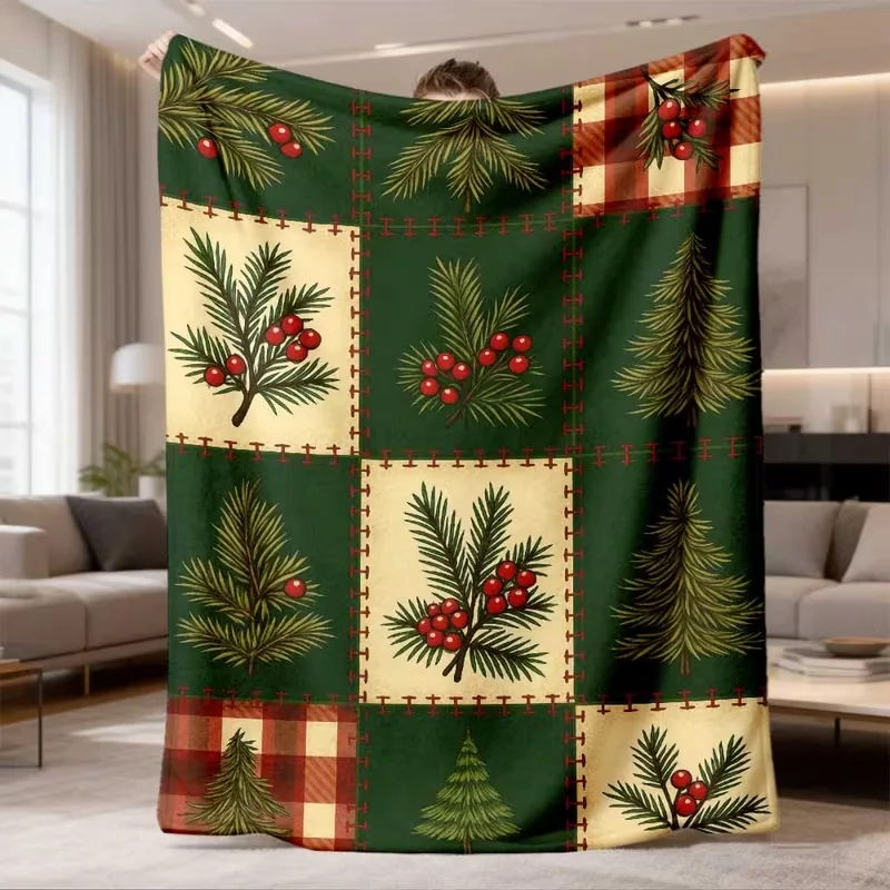 Plaid Patchwork Pine Branch Berry Print Christmas Throw Blanket Soft Warm Blanket for Living Room Bedroom Home Decor