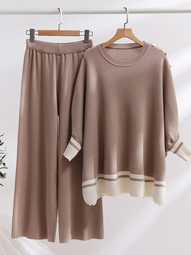 Women Two Piece Set Knit Sweater Full Sleeve Round Neck Sweaters Loose Solid Splice Wide Leg Pants Elastic Waist Casual