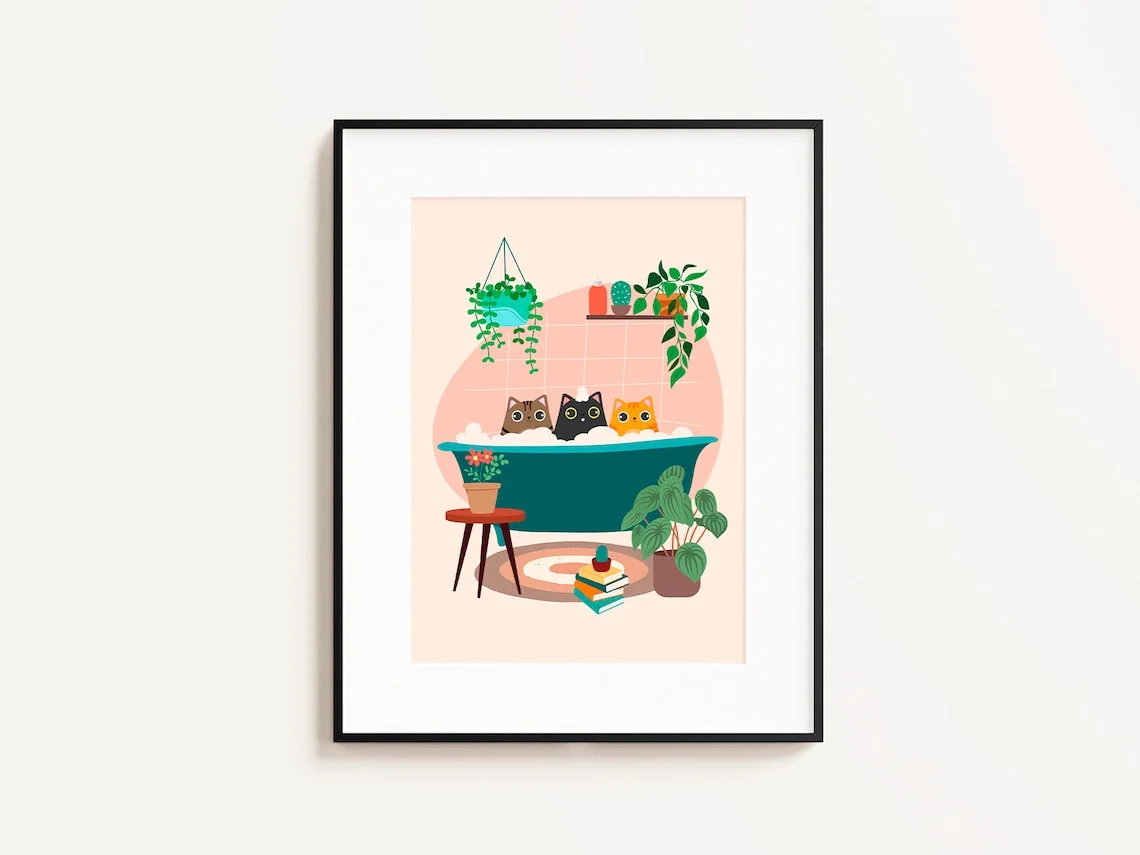 Cozy Bathtub Cats Wall Art - Calm Print Celebrating Feline Relaxation. The Soft Pink Backdrop and Teal Tub Create a Warm, Inviti