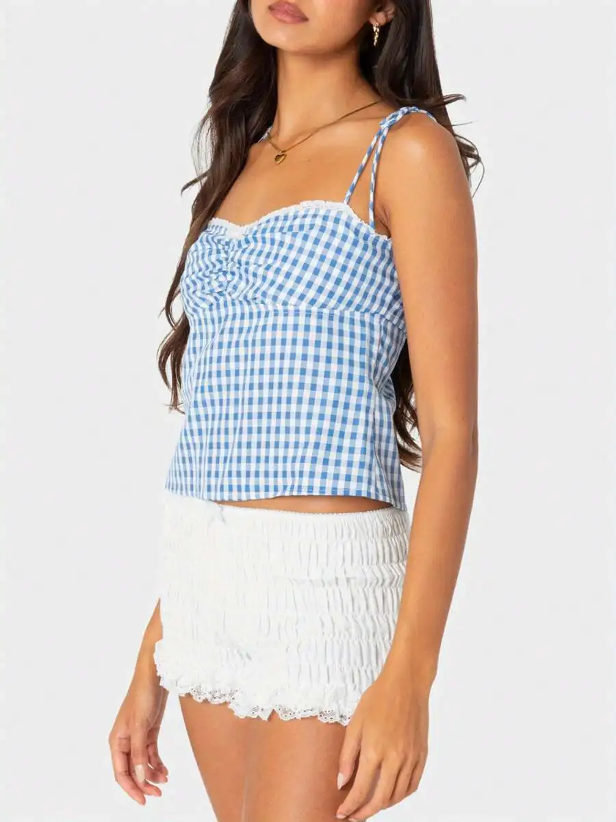 

Women Blue And White Plaid Camisole Top Sleeveless Ruched Crop Vest For Summer Casual Party