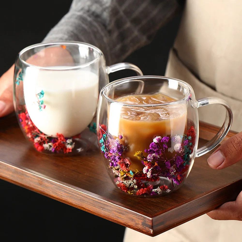 Creative Double Wall Glass Cup Dried Flower Filler Glass Cups  Tea Coffee Cups Gifts High Borosilicate Glass Cups with Handles