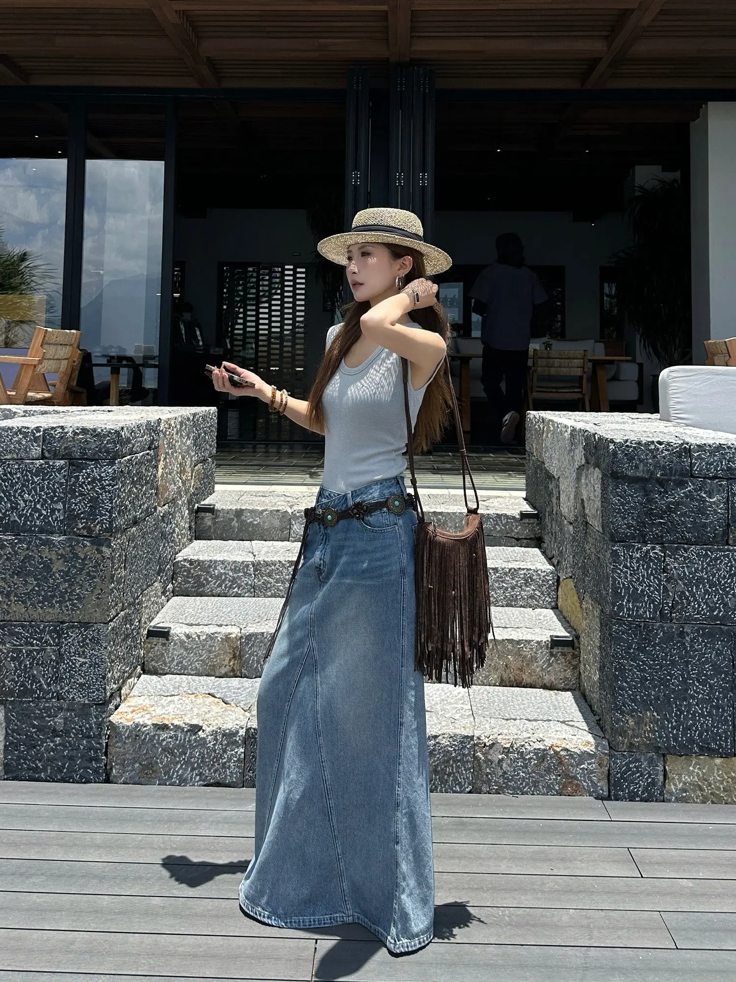 【FANGTING】Women's Denim Skirt Spring Summer New Style Slit Long Length A-Line Loose Skirt