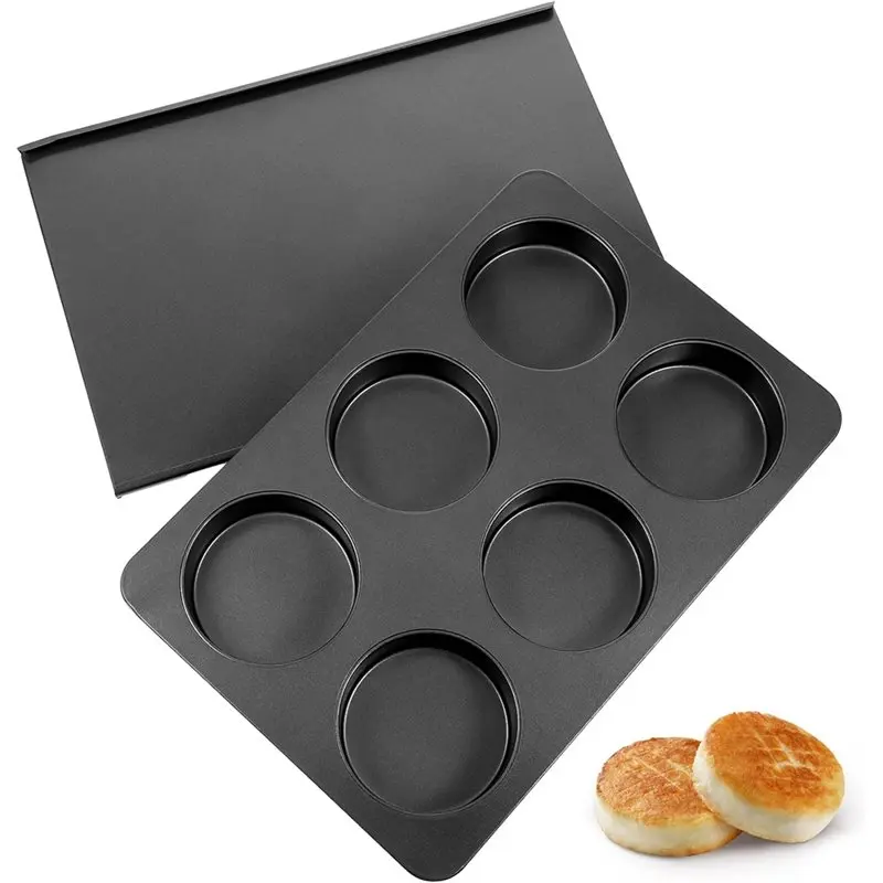 

ABWR-Straight Side Jumbo 6 Cup English Muffin Cupcake Pan With Lid, Hamburger Burger Bun Nonstick Baking Tin Tray Mold