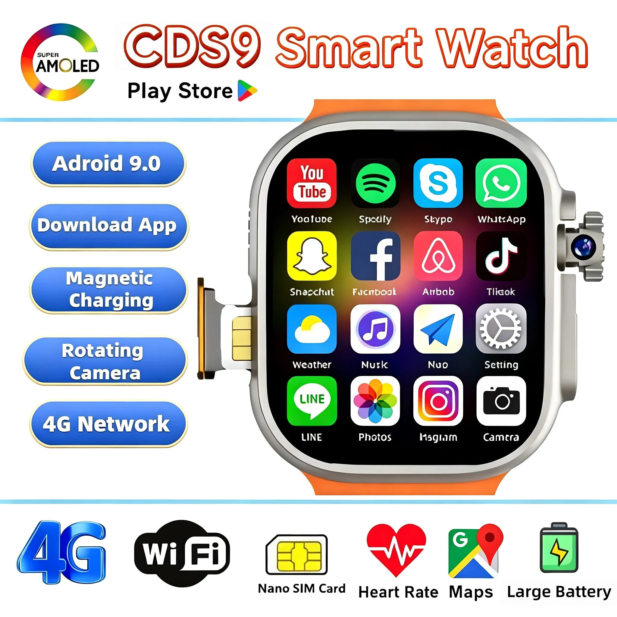 CDS9 LTE Android9.0 Smartwatch,Rotary CameraSIM Card Slot,Global Version OLED Display,GPS WiFi Google Play Men Women Wrist Watch