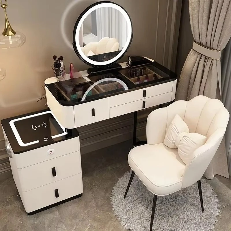 

Modern Luxury Dressing Table Vanity Make up Table with LED Light Mirror and Smart Side Table Vanities with Chair Dressers Set