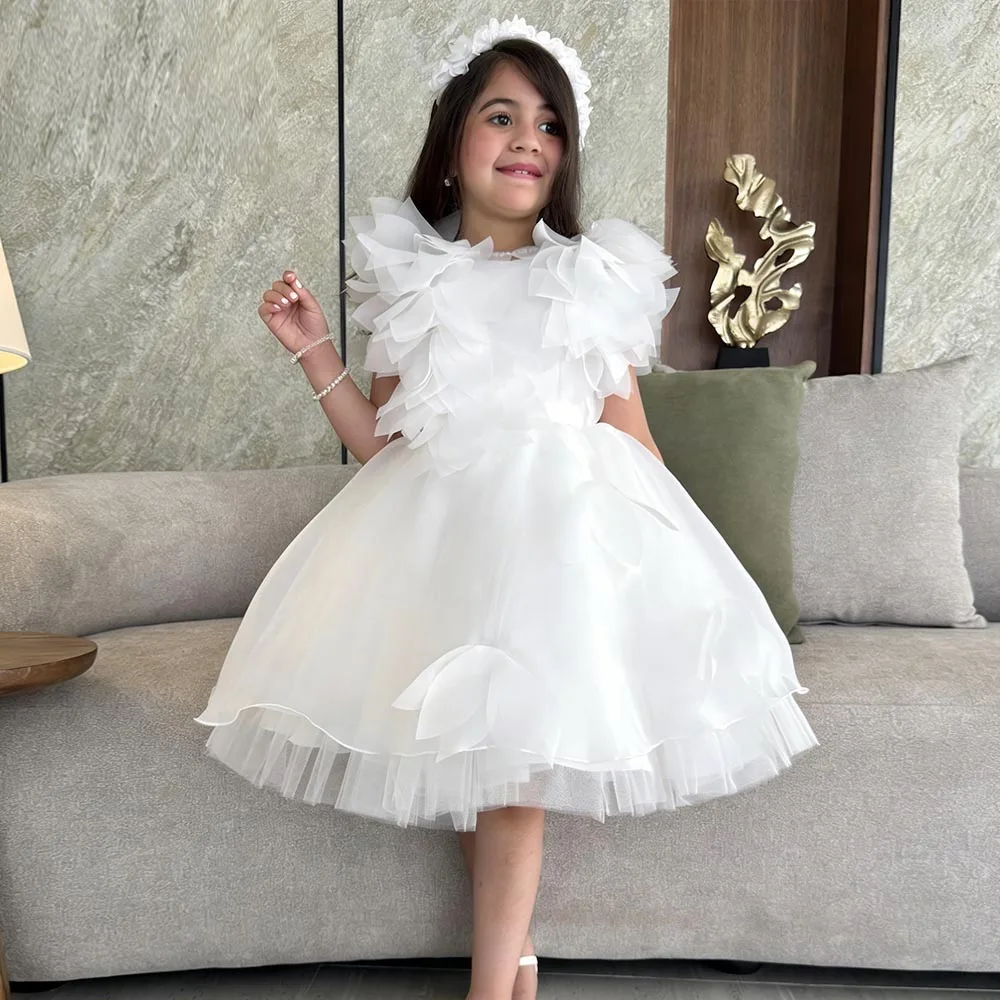 Ivory Puffy Flower Girl Dresses Cute Dress For Girls Elegant Birthday Dress O-neck Girl Princess Dress Short Kids' Dresses