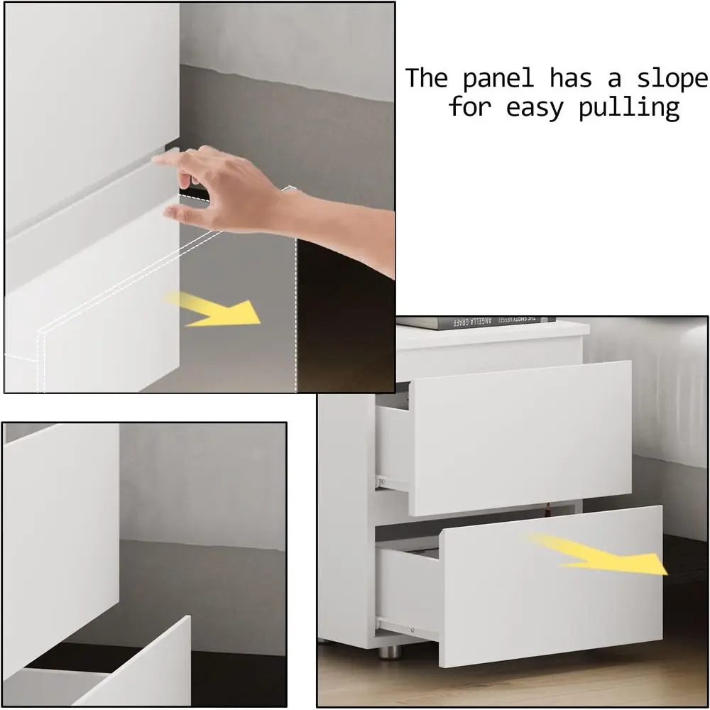 Modern White Wooden Nightstand with 2 Drawers, 15.7W x 18.9H, Handleless Bedside Storage