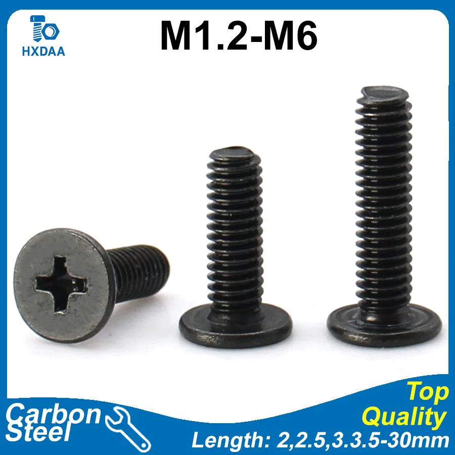 10-100pcs M1.2 M1.4 M1.6 M2 M2.5 M3 M4 M6 Black Zinc Carbon Steel Phillips Wafer Large Flat Head Machine Screw Thin Profile