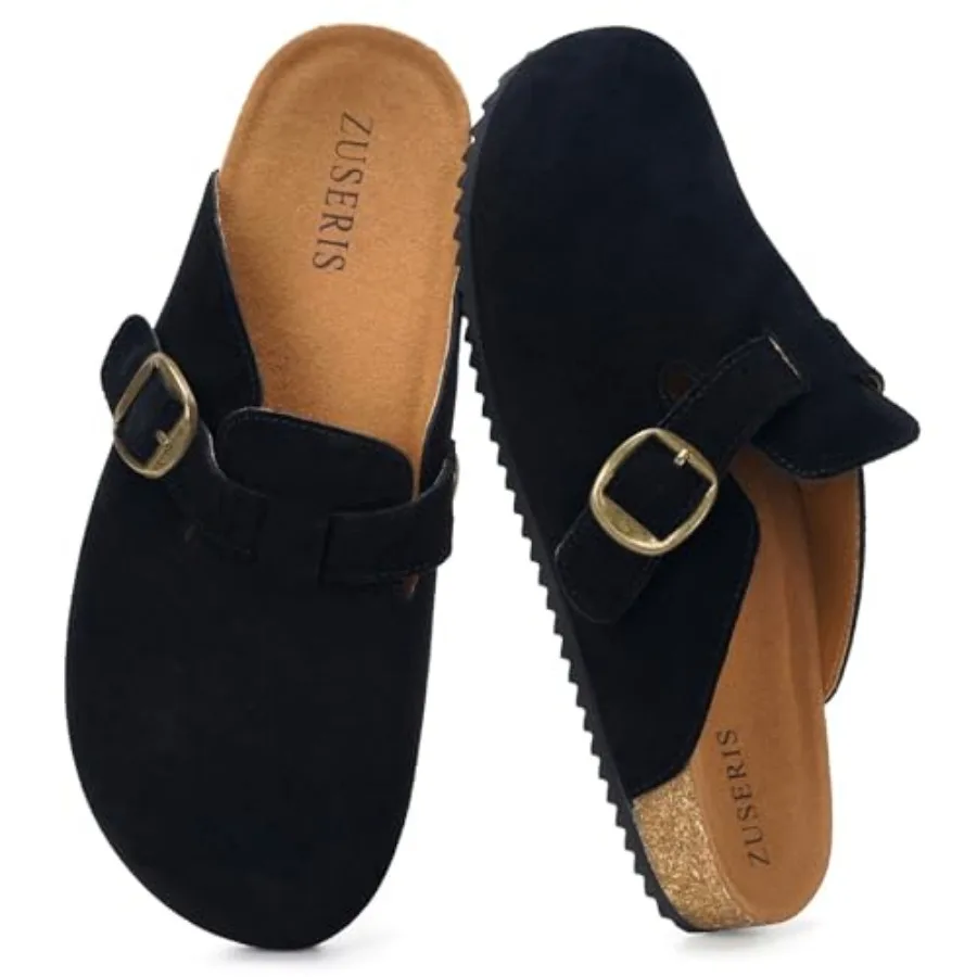 ZUSERIS Zuecos de Ante para Mujer y Hombre, Sandalias de Cuero de Ancho Amplio con Plantilla de Corcho, Zapatos Cómodos sin Cordones con Soporte para el Arco del Pie