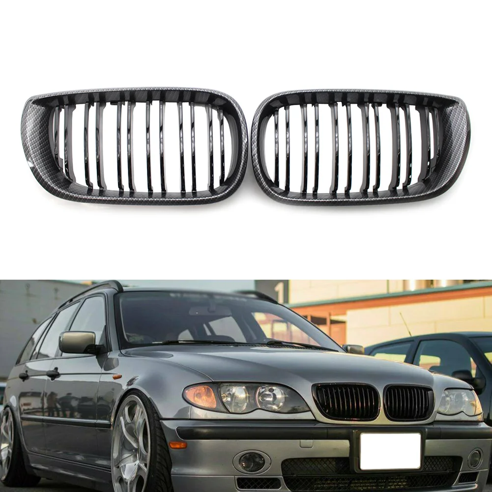 1Pair 51132158543 Carbon Fiber Pattern Auto Double Slat Front Kidney Grille For BMW E46 Sedan 4Door 2002 2003 2004 2005
