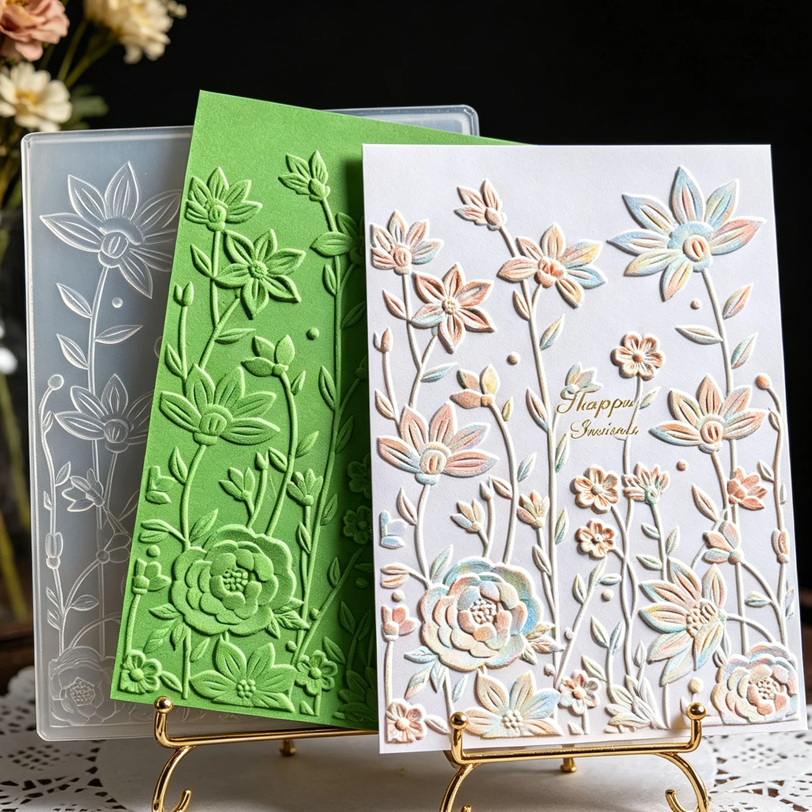 Frisches und wildes Prägedruckmuster, Frühlingsmischpflanzen, Blumenrandmuster, handgefertigtes Kartenmuster, Grußkarte, geprägte Produktion