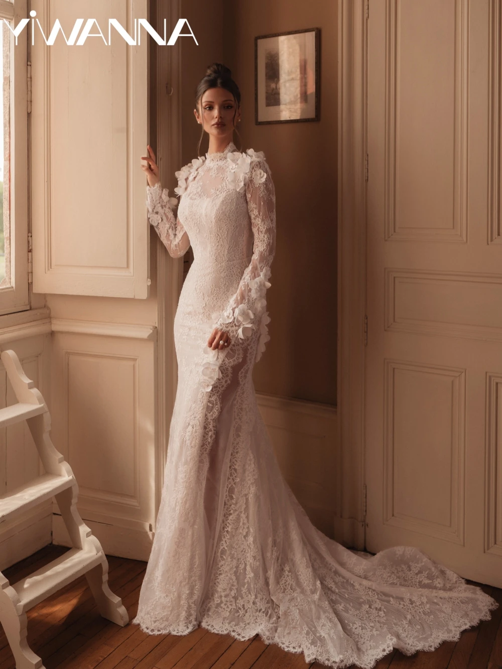 

Ivory Lace Mermaid Long With 3D Flower Wedding Dress Modest High Collar Bridal Gown New Customized Charming Dresses For Bride