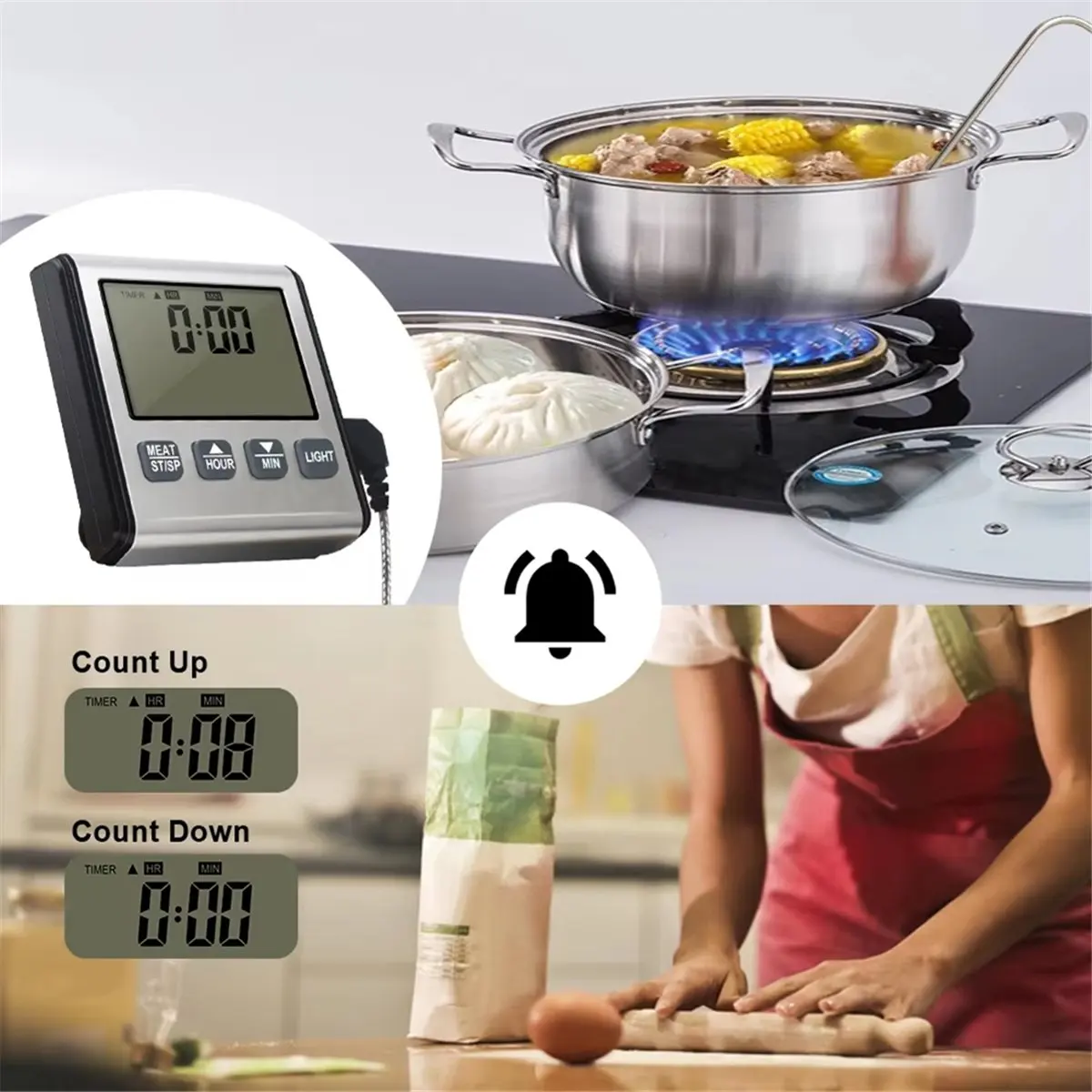 AT16 TP710 Digital Timing Food Thermometer Temperature Meter with Timer-Function Meat Probe Electronic Kitchen Tools for BBQ