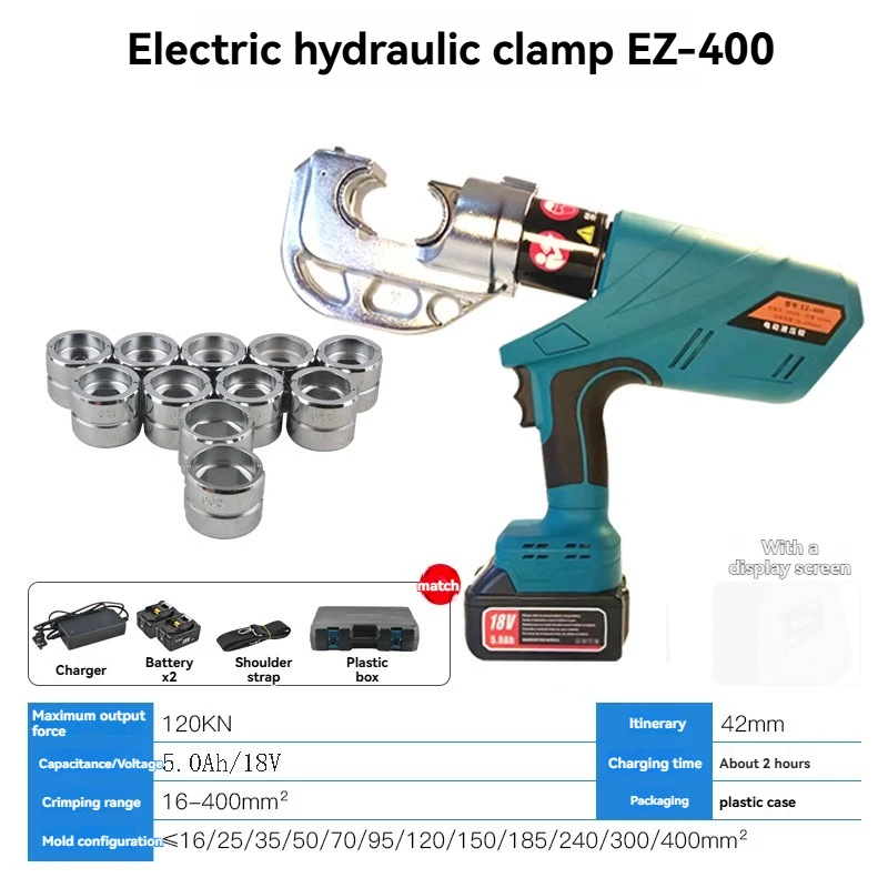 Electric Hydraulic Crimping Tool 16-400mm², Rechargeable Cable Crimper for Copper Aluminum Lugs, Built-in Wire Cutter