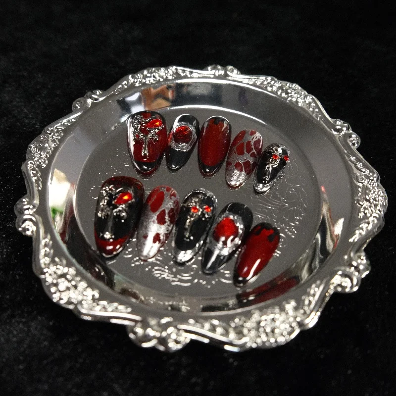 

10PCS Dark Red Almond Handmade Press on Nails Gothic Metallic Silver Pattern with 3D Decor False Nails for Women Sweet Cool Nail