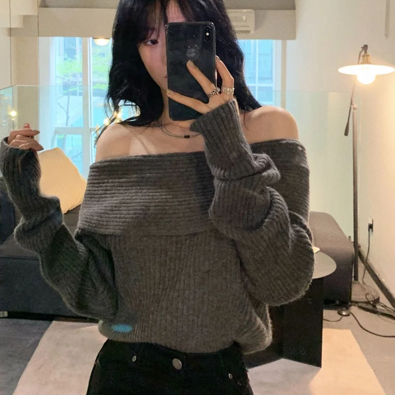 Fashion Autumn Women Off Shoulder Sweater Long Sleeve Elegant Casual Solid Knitted Tops Sexy Pullover Clothing Spring Knitwear