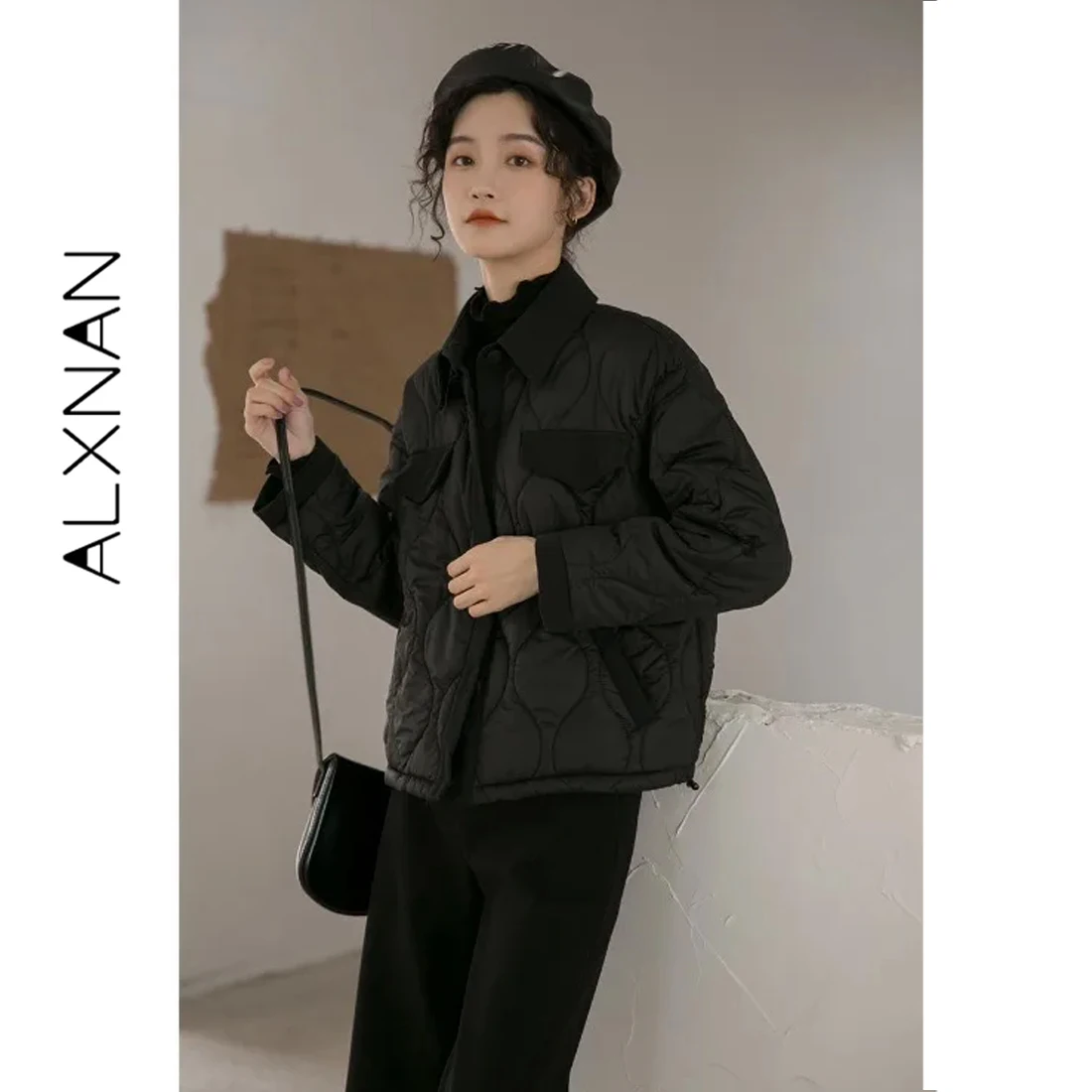 ALXNAN Women Korean Quilted Cotton Jacket Lapel Corduroy Pocket Black Fall Winter Daily Oversized Short Padded Outer Coat LXN959